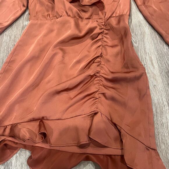 Majorelle Nelly Sain Long Sleeve Ruched Ruffle Dress Terracotta Brown Medium - Picture 4 of 10